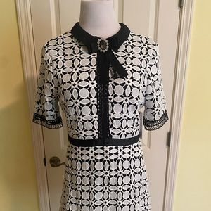 Red dress brand black and white lace dress